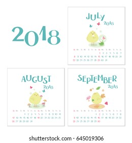 Calendar  2018 with yellow chick,  with three summer/autumn months - July, August and September. Vector illustration with a season and seasonal activities like playing in the sun.