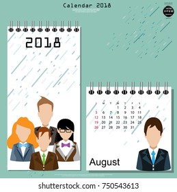 Calendar 2018,Month August, Businessman and  Lady, modern Idea and Concept Vector illustration Business Infographic template.