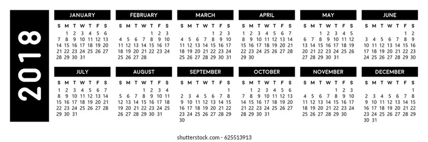 Calendar 2018,simple design. Editable vector file, eps10, isolated background.