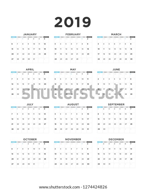 Calendar 2019 12 Month Calendar Template Stock Vector (royalty Free 