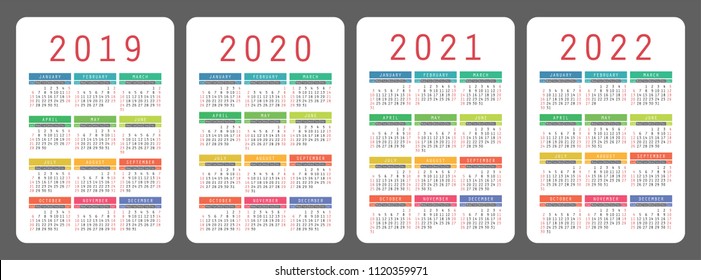 Calendar 2019, 2020, 2021, 2022 years. Colorful vector set. Week starts on Sunday. Vertical calender design template