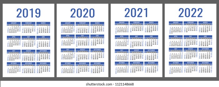 Calendar 2019, 2020, 2021, 2022 years. Vertical calender simple design template. Blue color vector set. Week starts on Sunday