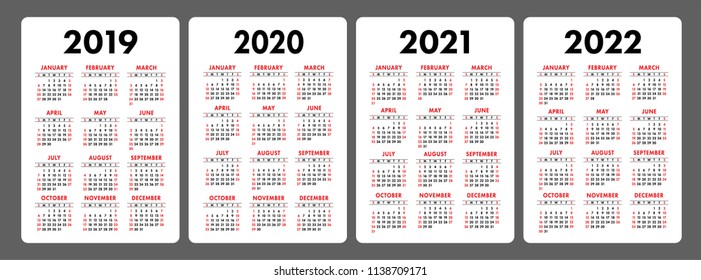 Calendar 2019, 2020, 2021, 2022. Color vector set. Week starts on Sunday. Vertical calender design template. English collection