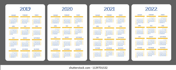 Calendar 2019, 2020, 2021, 2022 years. Color vector set. Week starts on Sunday. Vertical calender design template