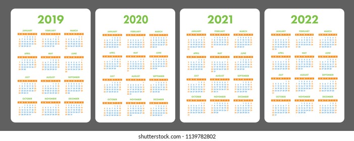 Calendar 2019, 2020, 2021, 2022 years. Color vector set. Week starts on Sunday. Vertical calender design template