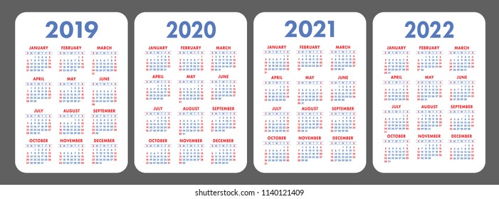 Calendar 2019, 2020, 2021, 2022 years. Color vector set. Week starts on Sunday. Vertical calender design template