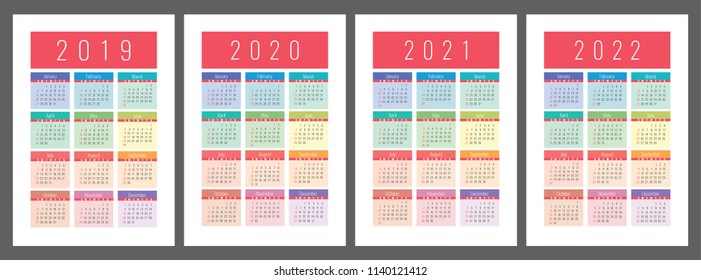 Calendar 2019, 2020, 2021, 2022 years. Colorful vector set. Week starts on Sunday. Vertical calender design template