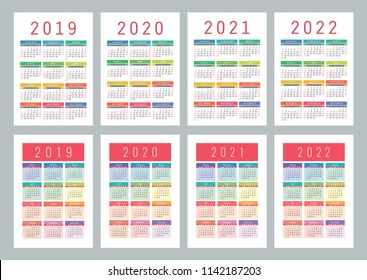 Calendar 2019, 2020, 2021, 2022 years. Colorful vector set. Week starts on Sunday. Vertical calender design template