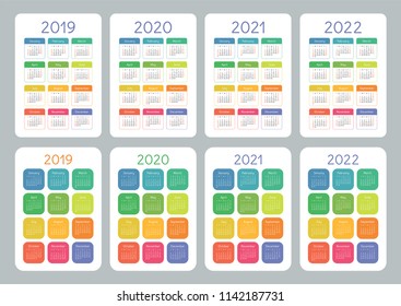 Calendar 2019, 2020, 2021, 2022 years. Colorful vector set. Week starts on Sunday. Vertical calender design template