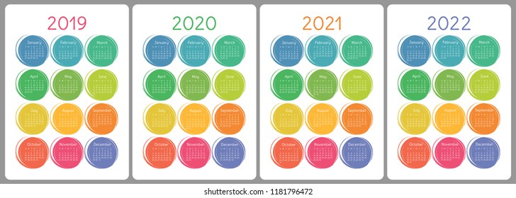 Calendar 2019, 2020, 2021, 2022 Years. Colorful Vector Set. Week Starts On Sunday. Vertical Calender Design Template. Brush Or Chalk. Hand Drawn