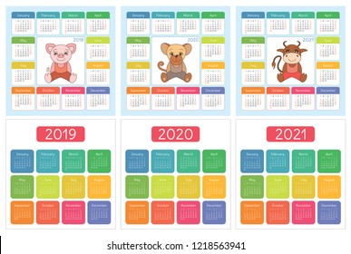 Calendar 2019, 2020, 2021. English colorful set. Week starts on Sunday. Pig, Rat and Ox. Chinese New Year. Basic grid. Horoscope. Pocket calender