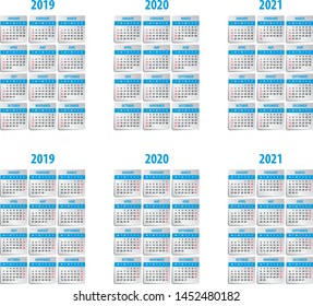 Calendar 2019 2020 2021 year. Week starts on Sunday and monday