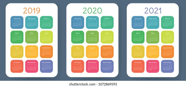 Calendar 2019, 2020, 2021 years. Colorful set. Week starts on Sunday. Basic grid