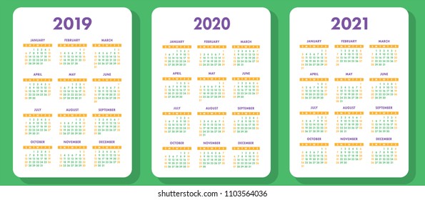 Calendar 2019, 2020, 2021 years set. Colorful set. Week starts on Sunday. Basic grid. Violet and green color