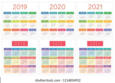 Calendar 2019, 2020, 2021 years. Colorful set. Week starts on Sunday. Basic grid collection