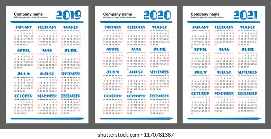 Calendar 2019, 2020, 2021 years. Color vector set. Week starts on Sunday. Vertical calender design template