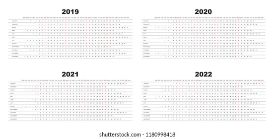 Calendar 2019, 2020, 2021,2022, white background, week starts with sunday, sunday marked red