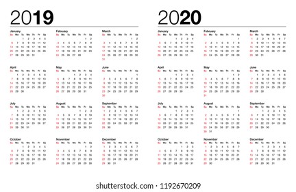 calendar for 2019 and 2020