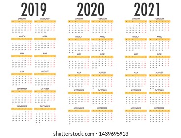 Calendar for 2019 2020 on white background. Week Starts Monday. Simple Vector Template