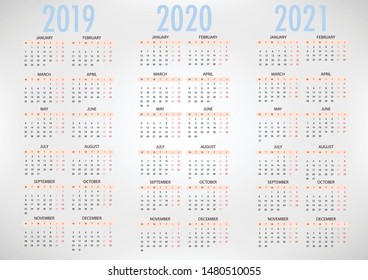 Calendar for 2019 2020 on white background. Week Starts Monday. Simple Vector Template