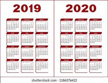 Calendar for 2019, 2020. Red and black letters and figures on a white background. 