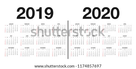 Calendar 2019 and 2020 template. Calendar design in black and white colors, holidays in red colors. Vector