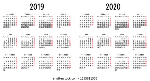 Calendar 2019 and 2020. Week starts from Monday. Vector illustration.