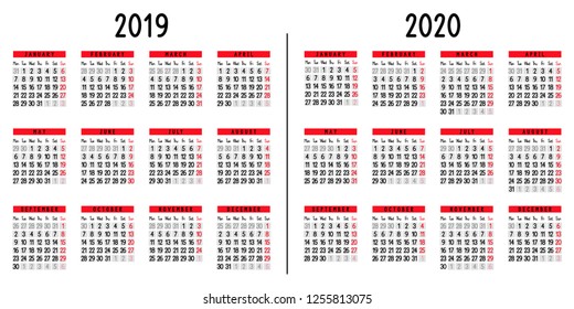 Calendar 2019 and 2020. Week starts from Monday. Vector illustration.