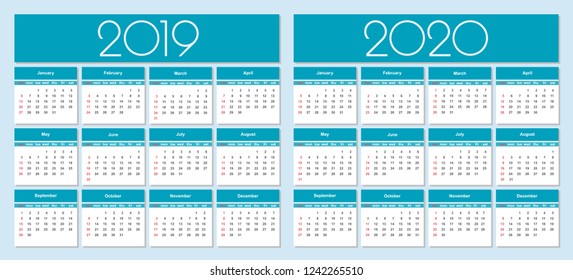 Calendar for 2019 and 2020 year blue background. Simple Vector Template. Isolated illustration.