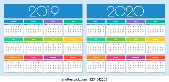 Calendar 2019 and 2020 year. Colorful set. Simple Vector Template