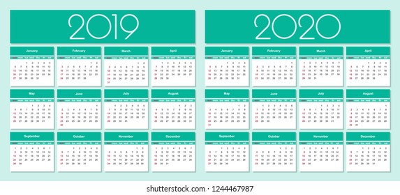 Calendar for 2019 and 2020 year green background. Simple Vector Template. Isolated illustration.