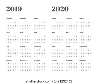 Calendar 2019 2020 year illustration. Week starts on Monday