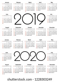 Calendar 2019 and 2020 year. Simple Vector Template. Stationery Design Template. Calendar design in black and white colors, holidays in red colors. Isolated vector illustration on white background.