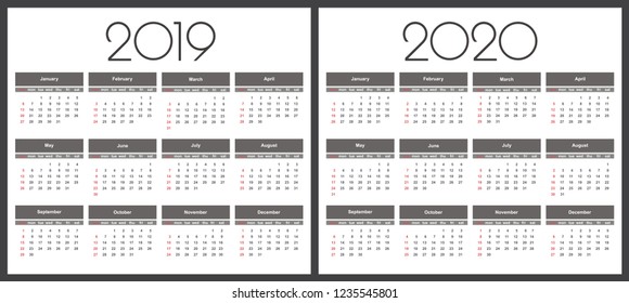 Calendar 2019 and 2020 year. Simple Vector Template. Stationery Design Template. Calendar design in black and white colors, holidays in red colors.