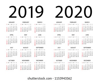 Calendar 2019 2020 year - vector illustration. Week starts on Sunday