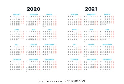 Calendar 2019 2020 year. Week starts on Monday. Year 2020-2021, Calendar Design.