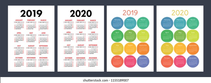 Calendar 2019, 2020 years. Basic vector set. Week starts on Sunday. Design template