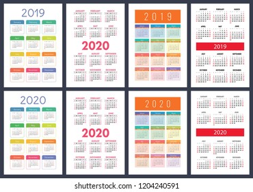 Calendar 2019, 2020 years. Basic vector set. Week starts on Sunday. Design template