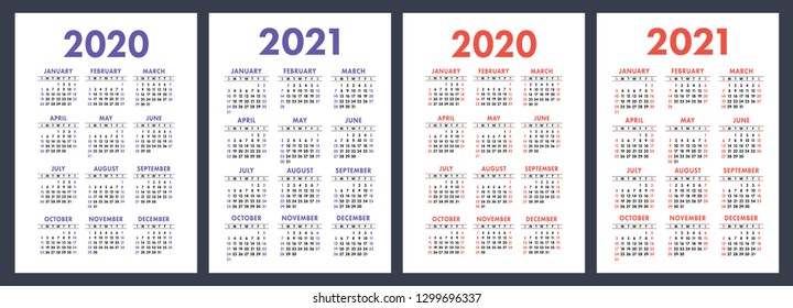 Calendar 2019, 2020 years. Basic vector set. Week starts on Sunday. Design template