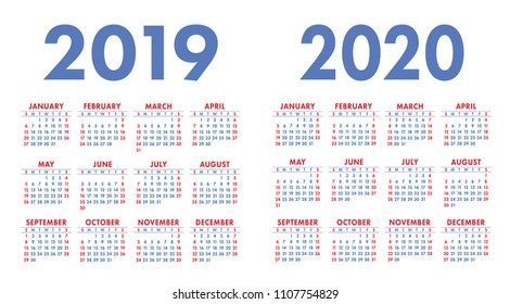 Calendar 2019, 2020 years. Calender set. Week starts on Sunday. Basic grid