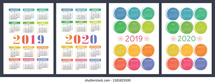 Calendar 2019, 2020 years. Colorful vector set. Week starts on Sunday. Design template. Color pencil or brush. Hand drawn