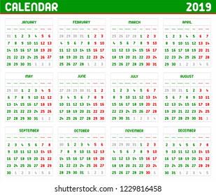 Calendar for 2019