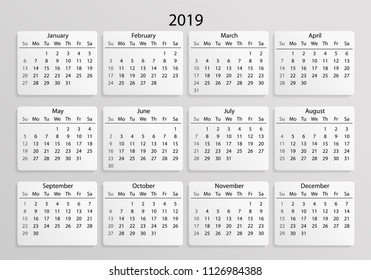 Calendar 2019. Calendar 3d realistic mock up 2019. Calendar grid on white background with shadow. Vector illustration EPS10.