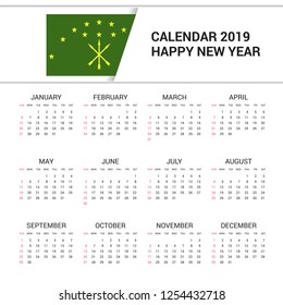 Calendar 2019 Adygea Flag background. English language