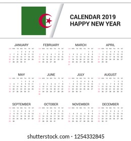 Calendar 2019 Alegeria Flag background. English language