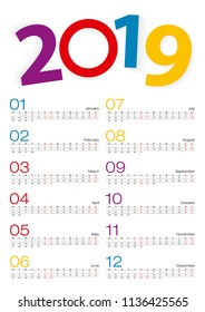 Calendar 2019, All month, 2 weeks line. Vector Illustration.