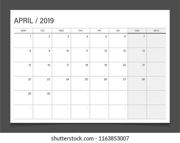 Calendar 2019 April week start Monday corporate design template vector.