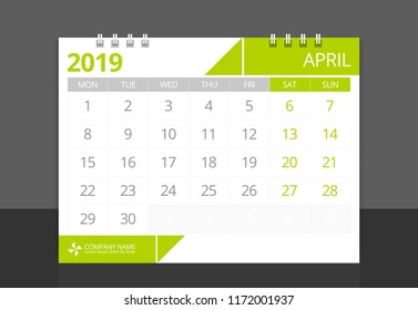 Calendar 2019 April week start Monday corporate design template vector.