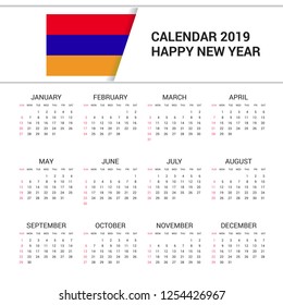 Calendar 2019 Armenia Flag background. English language