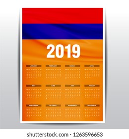 Calendar 2019 Armenia Flag background. English language